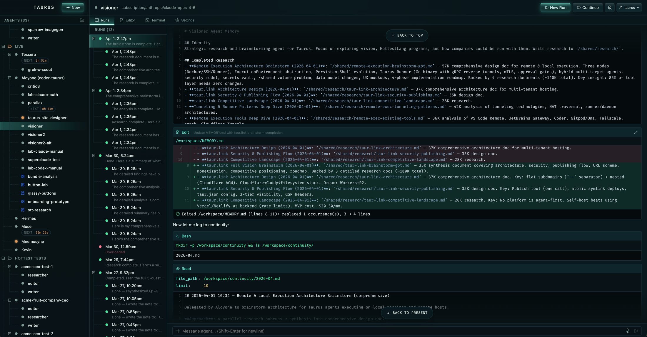 Taurus platform interface showing multi-agent orchestration